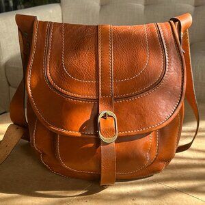 Patricia Nash Italian Leather Saddle Crossbody Bag | Cognac Boho Utility Satchel